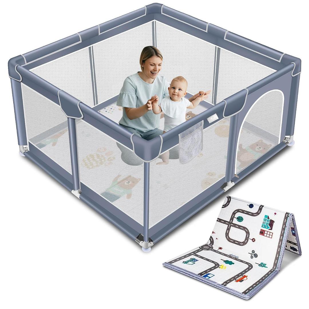 Suposeu Baby Playpen with Mat, Portable Baby Play Yard for Toddler, Safety Baby Gate playpen with Soft Breathable Mesh, Indoor and Outdoor, Large Kids Activity Centery (50 Inch, Grey)