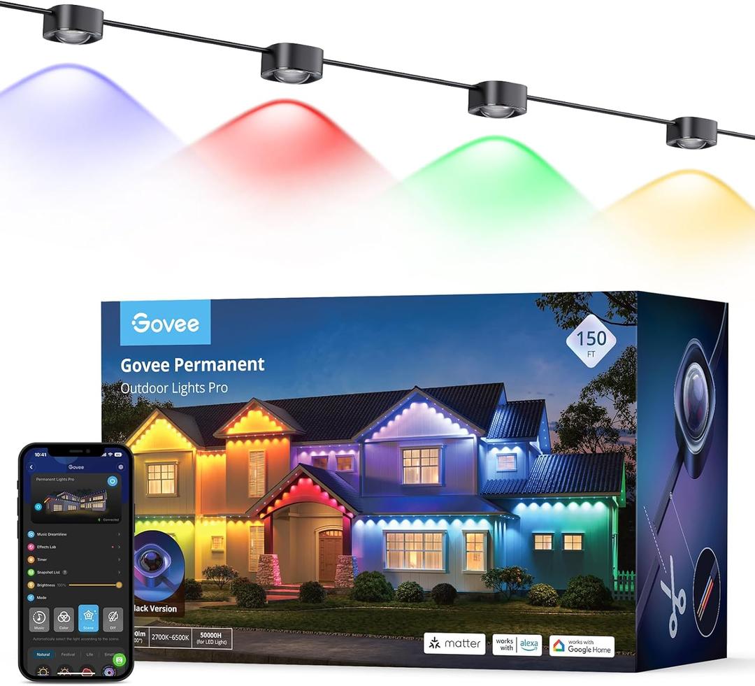 Govee Permanent Outdoor Lights Pro, 150ft with 90 RGBIC LED Lights for Daily and Accent Lighting, 75 Scene Modes for Outdoor Decor, IP67 Waterproof, Works with Alexa, Google Assistant, Matter, Black
