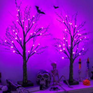 Halloween Indoor Decorations 2 Pack 24 Inch Black Halloween Tree with 24 Purple Led Lights, Timer/USB/Battery Operated Lighted Spooky Tabletop Tree for Halloween Decor Home Table Holiday Party