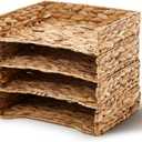 Yeaqee 4 Pcs Water Hyacinth Letter Tray Stackable Natural Woven Paper Organizer A4 File Storage Basket Letter Size Desk Documents Tray Magazine Holder for Office Paper Organizer and Storage