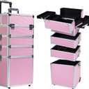 Makeup Rolling Train Case - Professional Cosmetics Organizer with Aluminum Frame, Folding Trays & Wheels, Portable for Travel & Studio (Pink)
