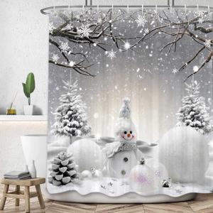 Christmas Snowman Shower Curtain, Grey Winter Snowflake Holiday Xmas Fabric Shower Curtains Set for Bathroom, Cute Gray Restroom Decor Accessories with Hooks 72X 72 inch