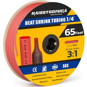 haisstronica 3:1 Heat Shrink Tubing, Shrink Ratio Adhesive Lined Marine Grade Heat Shrink Tube for Home, Automotive and Industrial (Red) 65FT 1/4inch