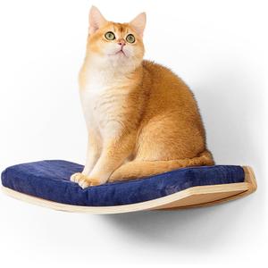 Curved Cat Shelves and Perches, Floating Cat Wall Bed with Comfortable Cushion (Wood Shelf+Bule Cushion)