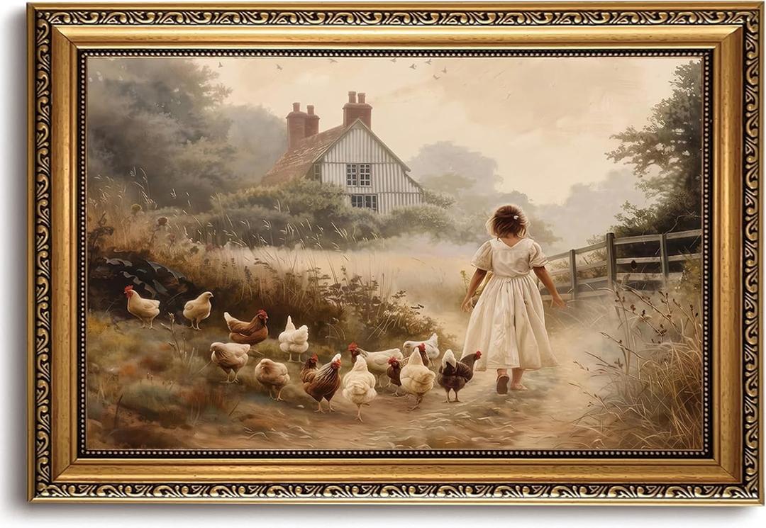 LHHJDIO Vintage Gold Framed Wall Art Farmhouse Chicken Canvas Wall Art Vintage Country Pictures wall decor Rustic Chickens Art Prints for Living Room Bedroom 16"x24"