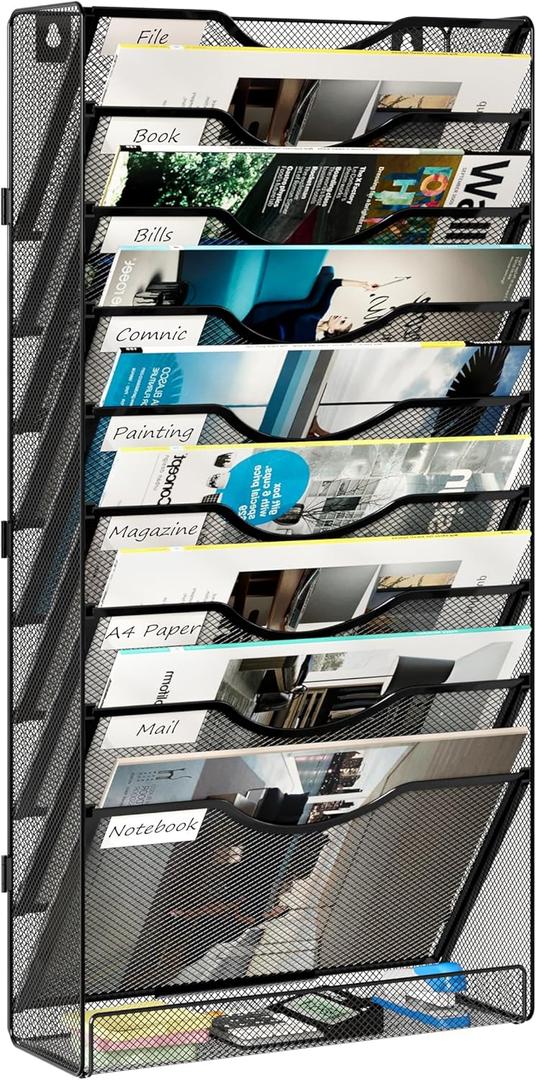 10 Tier Wall File Organizer, Vertical Mesh Paper Mail Organizer Wall Mounted Magazine Rack, Metal Clipboard Storage for Office, Home, Classroom, Black
