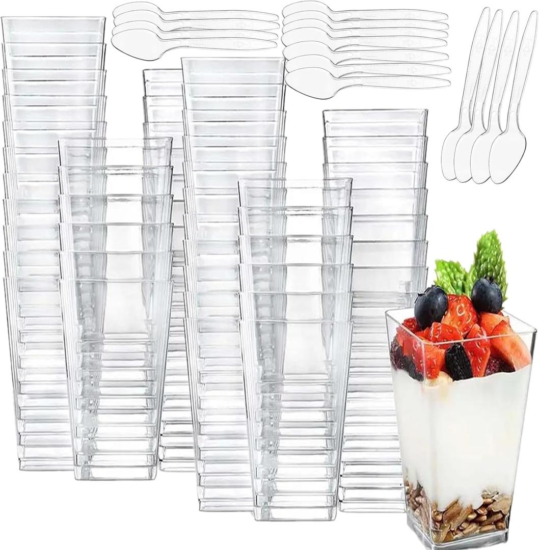 100 Pack Square Mini Dessert Cups with Spoon, 3oz Clear Shooter Cups for Party, Reusable Plastic Pudding Parfait Cups for Yogurt Jello Ice Cream