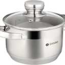 Daniks Standard 2 Quart Stainless Steel Stock Pot with Glass Lid, Tri-Ply Bottom for Even Heating, Induction Compatible, Dishwasher Safe, Built-In Measuring Scale, Silver