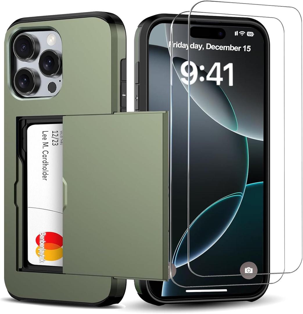 for iPhone 16 Pro Wallet Case with Card Holder + 2 Tempered Glass Screen Protector Protective Shockproof Hidden Card Slot Slim Case Women Men iPhone 16 Pro 6.3 2024 (Deep Green)