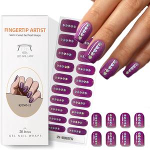 2 x Semi Cured Gel Nail Strips 20 Pcs Gel Nail Stickers for Women Nail Art for Use with Any UV/LED Lamp Nails Wraps Easy to Apply & Remove - Purple Gradient Glitter