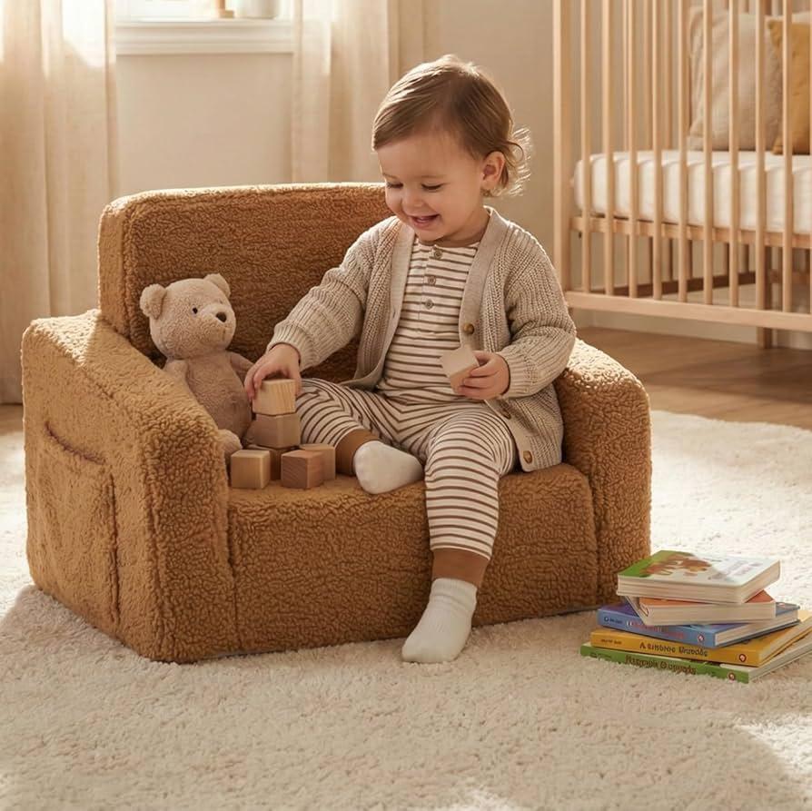 Toddler Baby Chair Couch Sofa Kids Foldable 2in1 Sherpa Fold Out Couch Toddler Chairs Comfy for Boys & Girls Convertible Kids Furniture lounge chair for Playroom with Double Pockets, Dark Camel