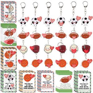 24 Sets Sport Valentines Gifts Bulk Basketball Soccer Baseball Volleyball Football Valentines Exchange Cards and Keychains (Mixed Ball)