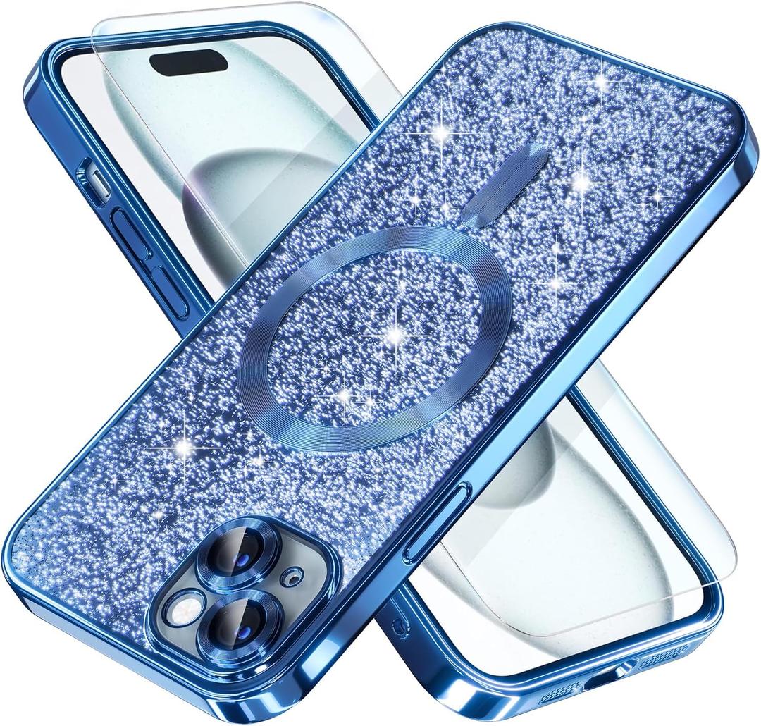 Misea Magnetic for iPhone 15 Plus Case Compatible with MagSafe [Military Grade Drop Protection] Full Camera Lens Protector Plating Glitter Soft Phone Case for Women Girls, Blue