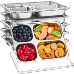6 Pcs Stainless Steel Snack Containers with Lids 4 Compartment Bento Lunch Box 11.02 x 8.66 x 1.65 Inches Divided Meal Food Fruit Storage Prep Containers for Home Travel