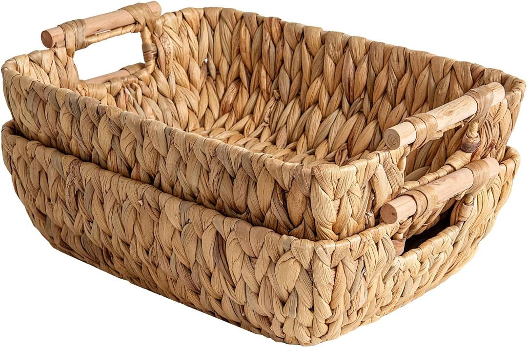 StorageWorks Hand-Woven Large Storage Baskets with Wooden Handles, Water Hyacinth Wicker Baskets for Organizing, 2-Pack (Medium)