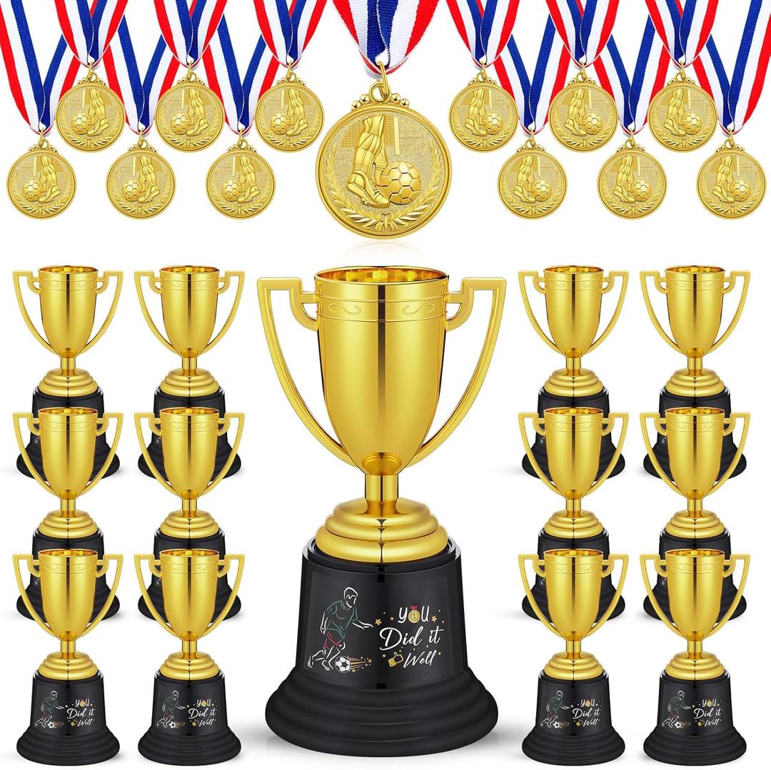 Tondiamo 24 Pcs Soccer Medals and Trophies for Kids Set Including 12 Pcs 5.12'' Plastic Gold Soccer Trophy Awards and 12 Pcs 2'' Medals for Kids Prizes Soccer Team Gifts