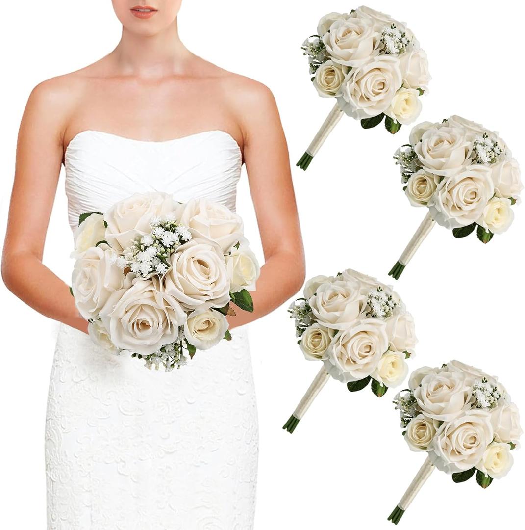 DIYDOFUN Wedding Bridesmaid Bouquets Set of 4,  Artificial Silk Flowers Arrangement for Ceremony Marriage Proposal Party Anniversary Decorations - Champagne