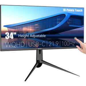 34 Inch 4K Touch Monitor, 100Hz WQHD 3440x1440 Desktop Monitor 10-Point Touchscreen, HDMI & DP & Type-C, HDR 400, Height-Adjustable & Rotatable Stand VESA Mountable External Touch Screen for PC