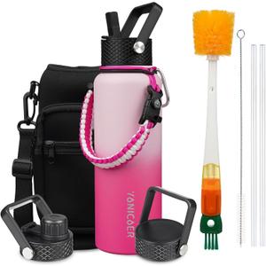 Insulated Water Bottle 40oz,Triple Wall Vacuum Stainless Steel(Dishwasher Safe),Leak Proof & Non-BPA,Flask Jug with Paracord Handle & Straw Spout Lids Sports Sakura