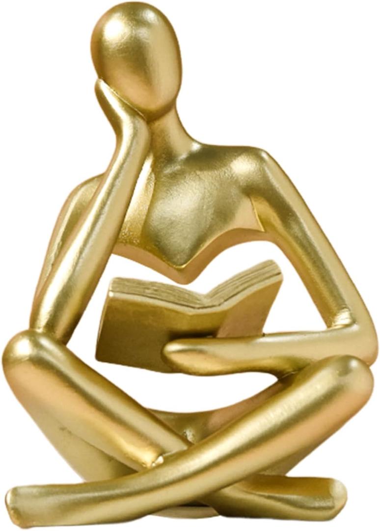 Abstract Art Thinker Statue - Reading Thinker Sculpture Figurine, Modern Home Decoration for Living Room Office Shelves Coffee Table Desk Decor (Gold)