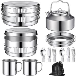 15 Pcs Camping Cookware Mess Kit Outdoor Cooking Set Stainless Steel with Pot and Pan Kit 2 Set Stainless Steel Cups Plates Forks Knives Spoons for Camping Backpacking Cooking Picnic