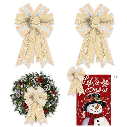 ALIBBON 2 Pcs Merry Christmas Bows for Wreaths, Christmas Wreath Bows, Glitter Gold Bows, Snowflake Bows for Front Door, Christmas Decor, Holiday Craft Bows for Indoor Outdoor Wall Window Decoration
