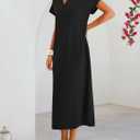 MEROKEETY Women's Summer Casual Maxi Dress 2026 Cap Sleeve V Neck Collared Beach Vacation T Shirt Long Dresses (Black, L)