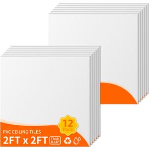 12-Pack 24"x24" Smooth Drop Ceiling Tiles, 2x2 ft Decorative PVC Ceiling Tiles for Residential & Commercial Decor, Covers 48 Sq.Ft., White