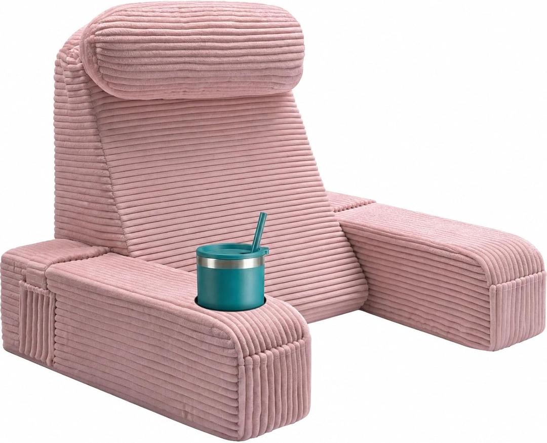 Reading Pillow for Adults, Back Pillow for Bed Sitting Up, Backrest Pillow for Sitting in Bed, Detachable Arms with Built-in Cup & Phone Caddy (Dusty Pink-Corduroy, 21 INCH)