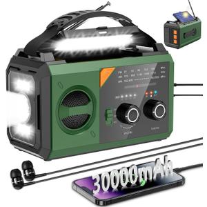 30000mAh Emergency Weather Radio with Wireless Speaker, 111000mWh NOAA/AM/FM Hand Crank Solar Radio with Flashlight Cell, Phone Charger, Compass, Reading Lamp, SOS Alarm (Green)