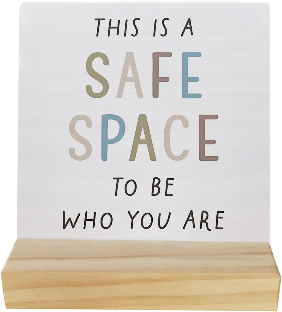 Mental Health Wooden Sign, Safe Space Quote, 4 x 5.5 Inches, Modern, Tabletop Mount, Words & Quotes, Home & Office Decor, Gift (White, Brown)