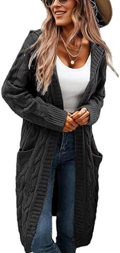 XINWEIZZ Women's Hooded Open Front Long Cardigan Cable Knit Sweaters Side Pocket Oversized Chunky Cardigan Outwear Coat, S