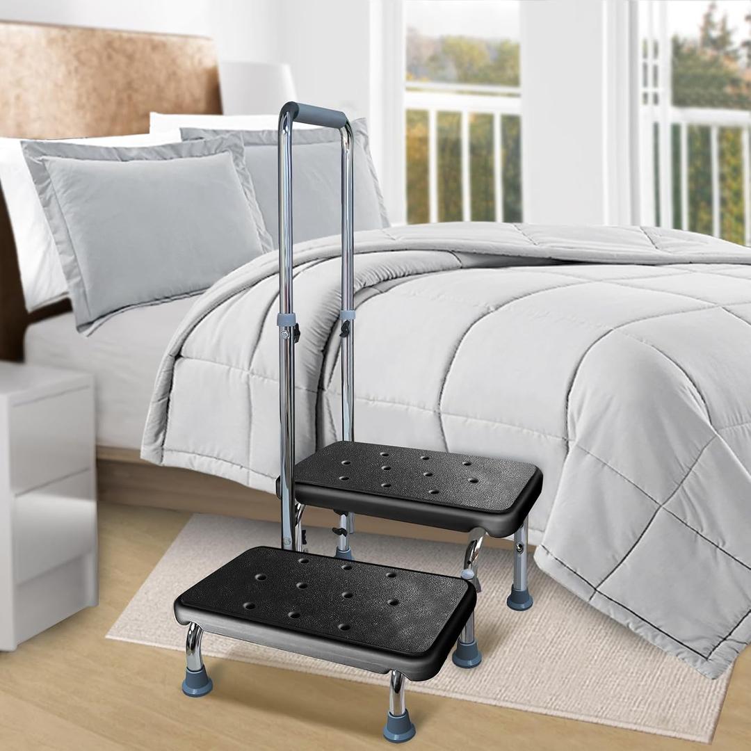 Aliseniors Step Stool with Handle, 400 lbs Adjustable 2 Steps Stool with Handrail for Adults and Seniors, Easy Assmbly Medical Foot Step Stool for Bed, Kitchen, Car, Bathtub