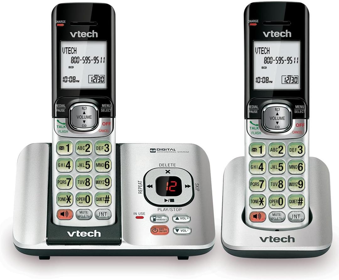 VTech CS6529-2 2-Handset Cordless Phone with Answering Machine, Caller ID/Call Waiting, DECT 6.0, Handset Speakerphone, Silver/Black