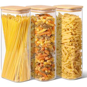 ComSaf 2.2 Qt Rectangle Glass Storage Containers with Lids, Glass Jars with Bamboo Lids, Clear Food Storage Jar, Tall Spaghetti Container, Pantry Storage Container for Pasta Flour Oats Nuts Rice