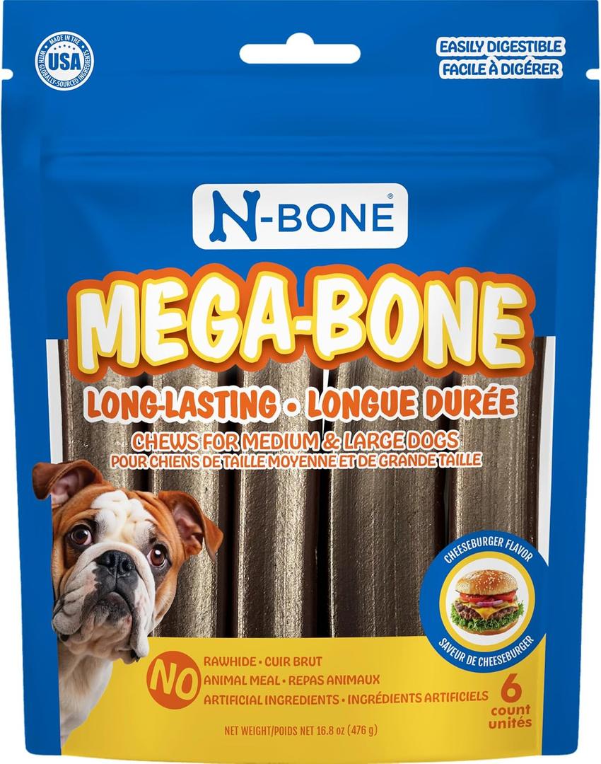 N-Bone Mega-Bone Large Dog Chews, SQF Certified Chewing Sticks, Long Lasting Dog Treats with Natural Ingredients, Made with Rice Flour for Easy Digestion, Cheeseburger Flavor, 6 ct. Pouch (16.8oz) (EXP 12/25/27)