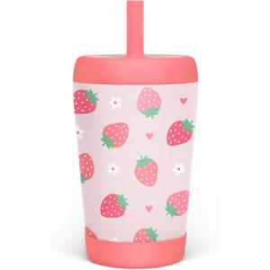 Kid Insulated Stainless Steel Tumbler with Silicone Straw, 12oz Sippy Cup for Kids (Strawberry)
