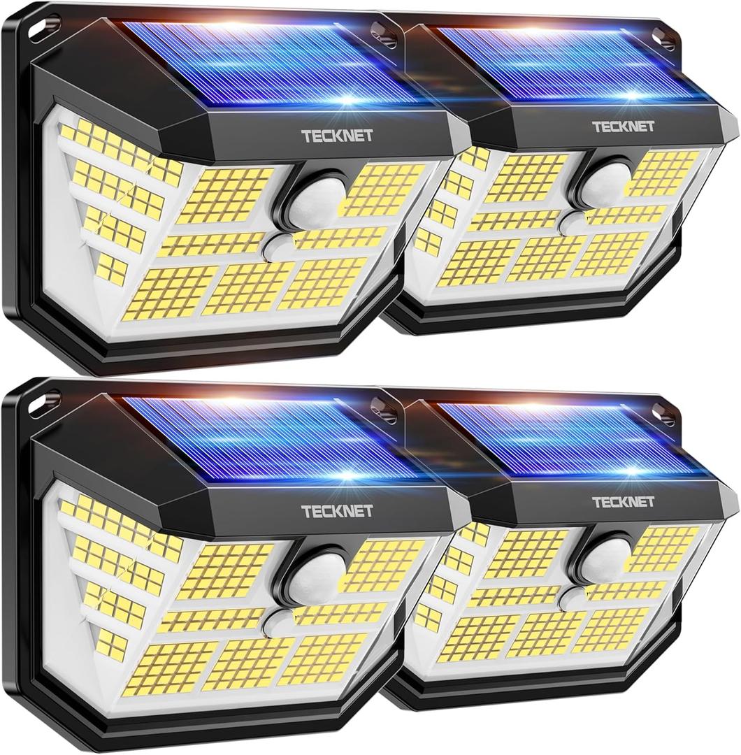 TECKNET 231 LED Solar Motion Lights Outdoor, 4 Pack 300 Security Wall Lights with 3 Lighting Modes IP65 Waterproof PIR Motion Sensor for Outside Fence Garden Yard Deck Garage  Cool White