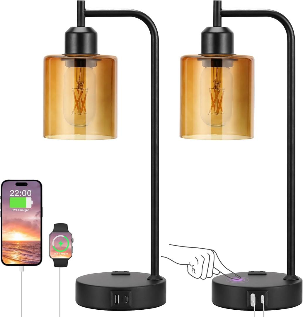 Industrial Touch Nightstand Lamps for Bedrooms Set of 2 - 3-Way Dimmable Table Lamps with USB C+A Ports and Outlet, Bedside Lamps with Amber Glass Shade for Living Room, Desk Lamps for Home Office (C-Amber)