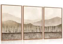 Aurlan Abstract Neutral Tan Nature Landscape Wall Art Set(16”x24”), 3 Pieces Duotone Beige Misty Mountain Framed Canvas Artwork, Large Modern Pine Tree Foggy Forest Wall Decor for Office Bedroom Living Room