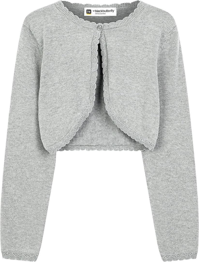 BlackButterfly Girls Long Sleeve Sparkle Cardigan Childrens Kids Bolero Shrug (13-14 Years, Silver)