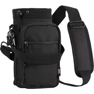 Nuovoware Water Bottle Carrier, 40oz Bottle Carrier Sports Insulated Water Bottle Holder with Adjustable Shoulder Strap, 2 Pockets Flask Sling Bag Drawstring Pouch for Climbing Hiking Walking (Carbon Black)