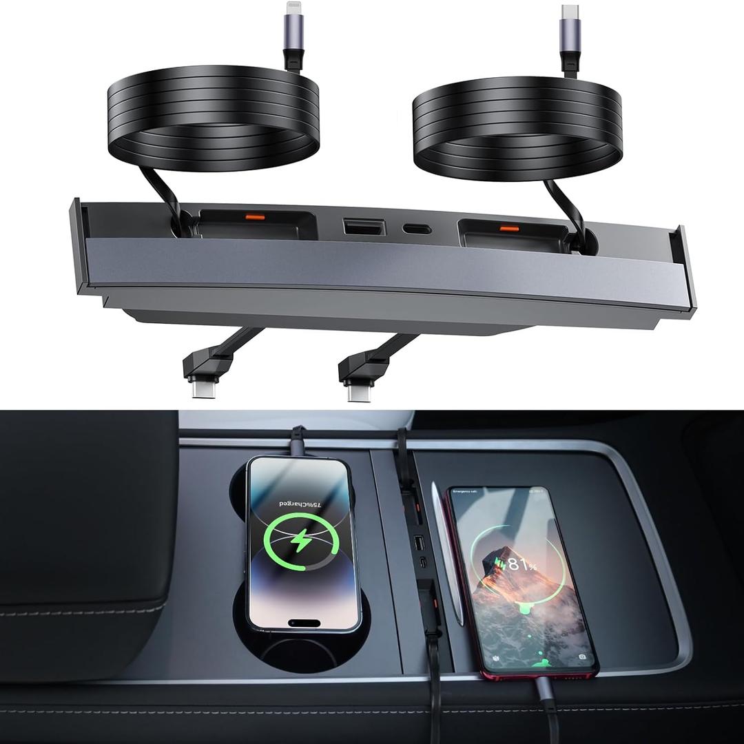 USB Hub for Tesla Model 3/Y 2021-2025, Fast Charger 4-in-1 Center Console Docking Station with Retractable Cable for Tesla Interior Accessorie (Not fit Model 3 2024 2025)