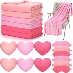 18 Pcs Kids Sleepover Party Supplies Set for Girls Fleece Soft Blankets Fluffy Heart Throw Pillow Plush Sleep Eye Mask for Spa Camping Birthday Favors(Pink,Jade,Dark Pink) (12  11inch)