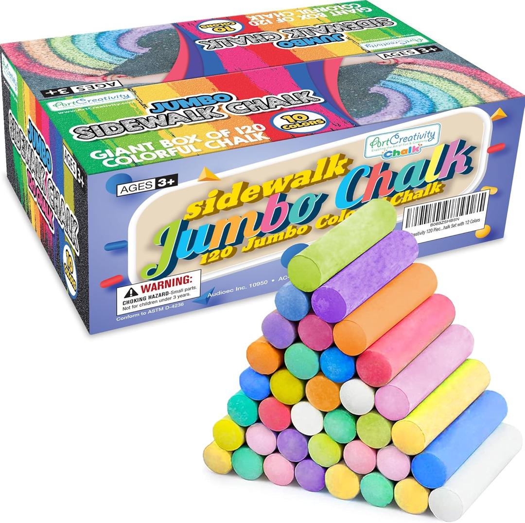 ArtCreativity Jumbo Sidewalk Chalk Set for Kids, Giant Box of 120 Colorful Chalk Pieces, Non-Toxic, Dust-Free, Washable in 10 Colors, For Driveway, Pavement, Outdoors, Great Arts & Crafts