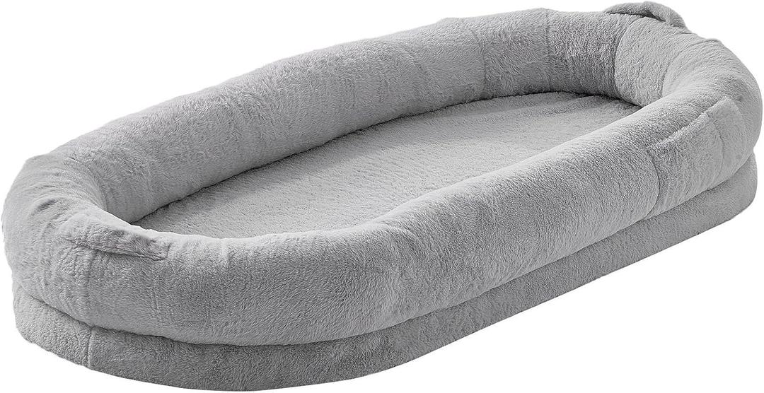 VEVOR Human Dog Bed for Adults and Pets, 67.7"x35"x9.8" Human Size Dog Bed with Washable Faux Rabbit Fur Cover, Egg Orthopedic Foam, Storage Pocket, Light Grey