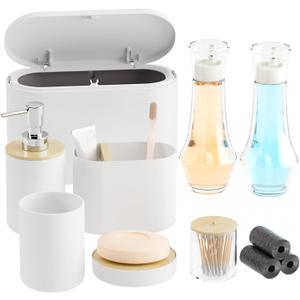 11-Piece White Bathroom Set with Mini Trash Can & Glass Mouthwash Dispenser - Modern Farmhouse Organizer with Soap Dispenser, Toothbrush Holder & Apothecary Jars for Sink Counter