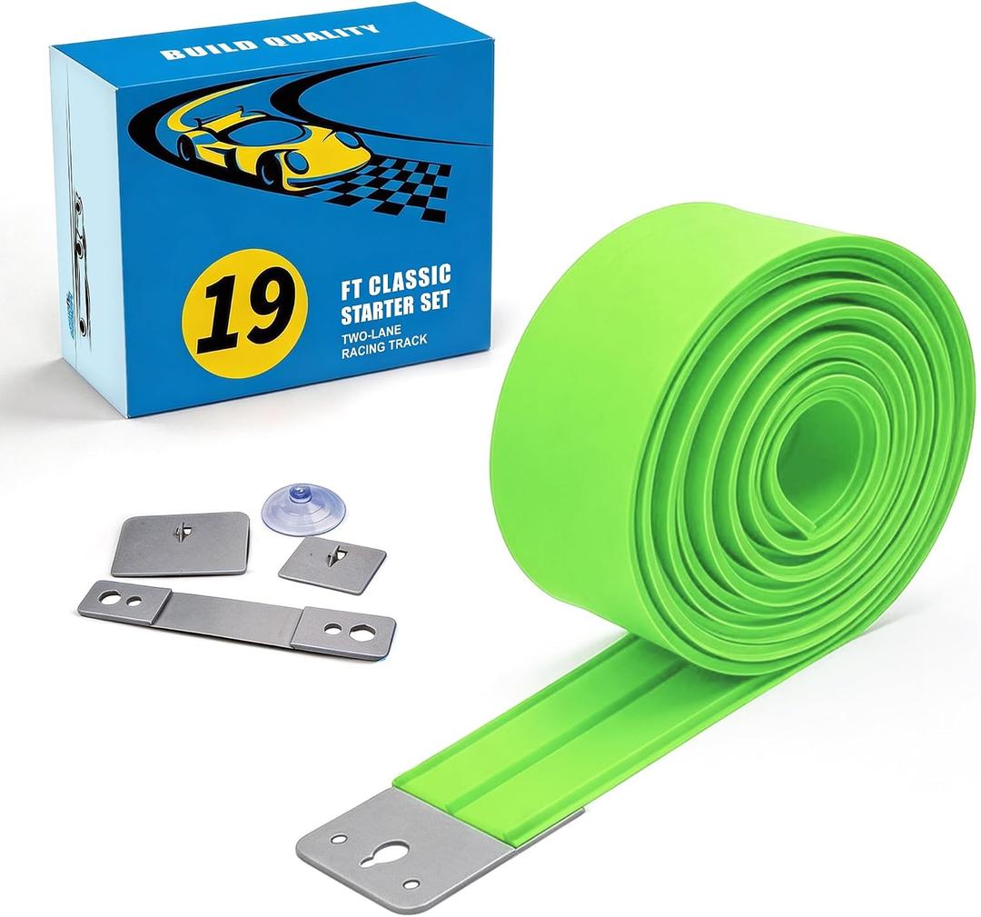 Flexible Race Car Track for Kids Toy, 19Ft Portable Two‑Lane Racing Starter Set, Wall Mount Suction Cups Magnets Hooks, Compatible for Vehicles up to 1/64th Scale-Green