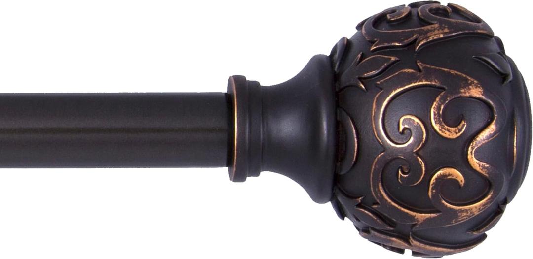 Kenney KNM75512 Fast Fit Easy Install Carey Textured Scroll Ball End Decorative Window Curtain Rod, 36-66" Adjustable Length, Oil Rubbed Bronze Finish, 5/8" Diameter Steel Tube