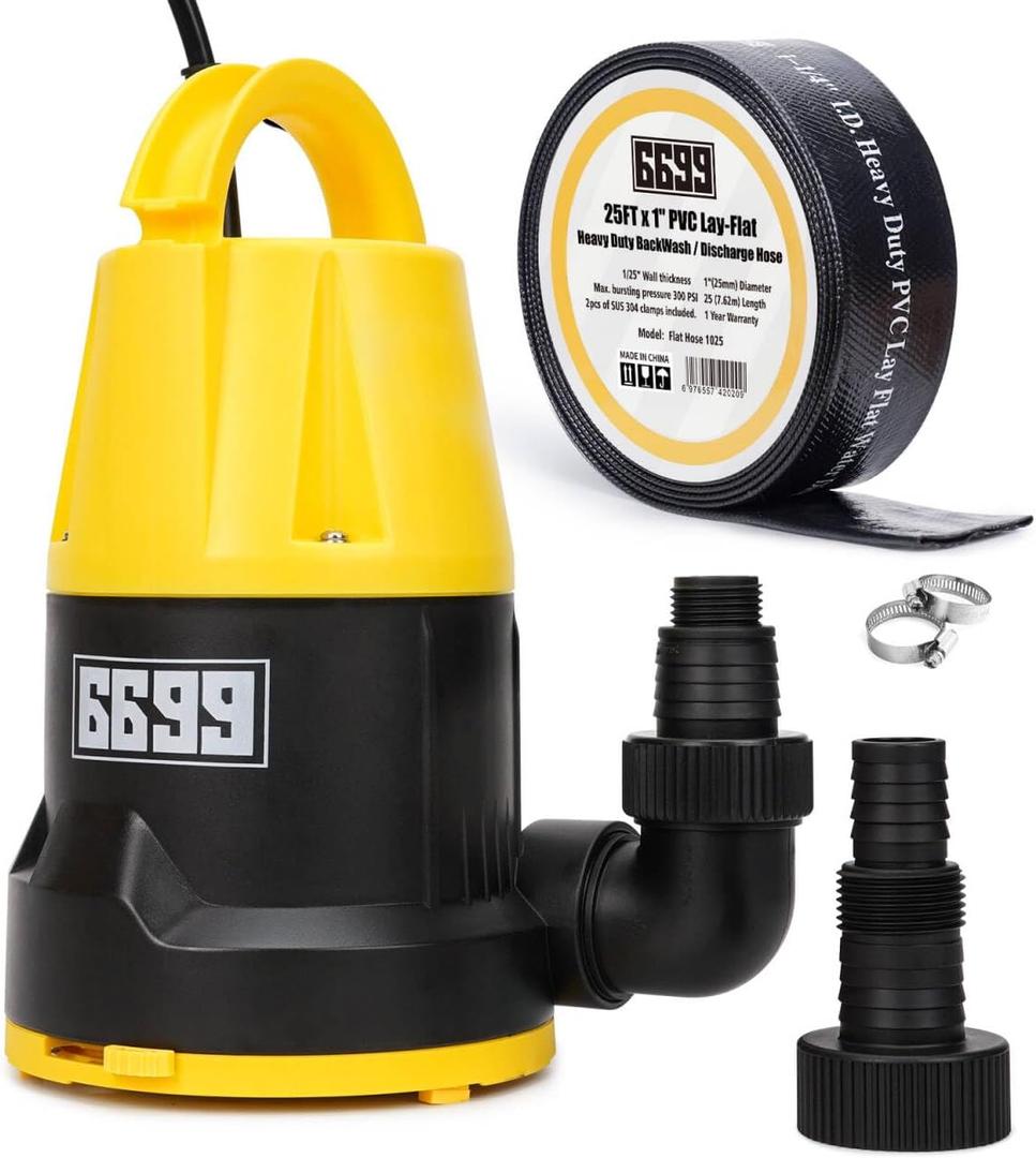 Submersible Sump Pump 2500GPH High Flow with 25FT x 1-1/2” Discharge Hose Drain Water Pump Kit 1/2HP Portable Utility Pump Easy to Use for Flooded Basement Rain Barrel